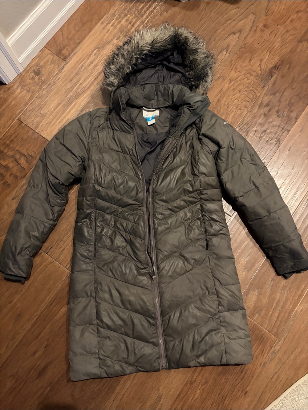 Columbia Olive Green Kids Long Puffer Coat with Faux Fur Hood